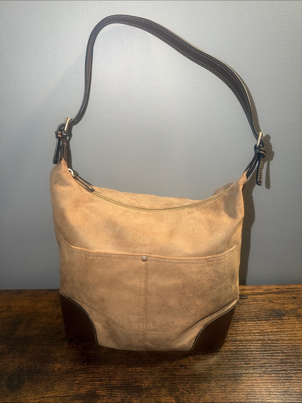 Tommy Hilfiger Beige Suede Leather Trim Hobo Shoulder Bag Y2K Boho